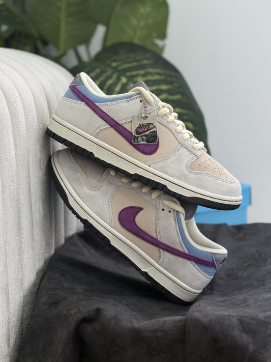 Nike Dunk Low Retro – Beige Suede / Purple-Blue Double Swoosh