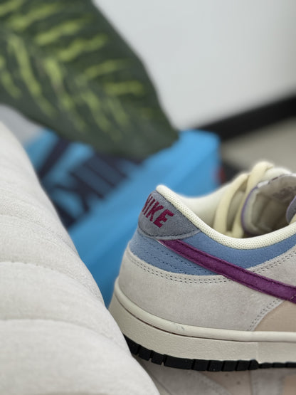 Nike Dunk Low Retro – Beige Suede / Purple-Blue Double Swoosh
